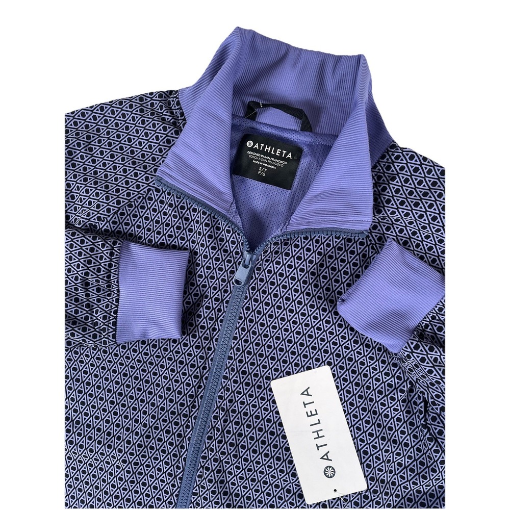 Athleta Brooklyn Bomber Jacket Purple Geometric Mesh Lined Full Zip Womens S NWT